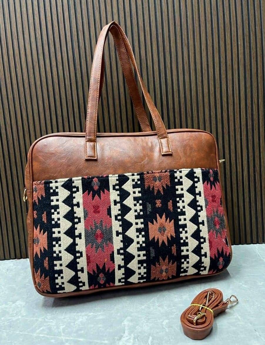 Black & White Red Stripe Pattern Jacquard Luxe Laptop Bag with Brown Leatherite